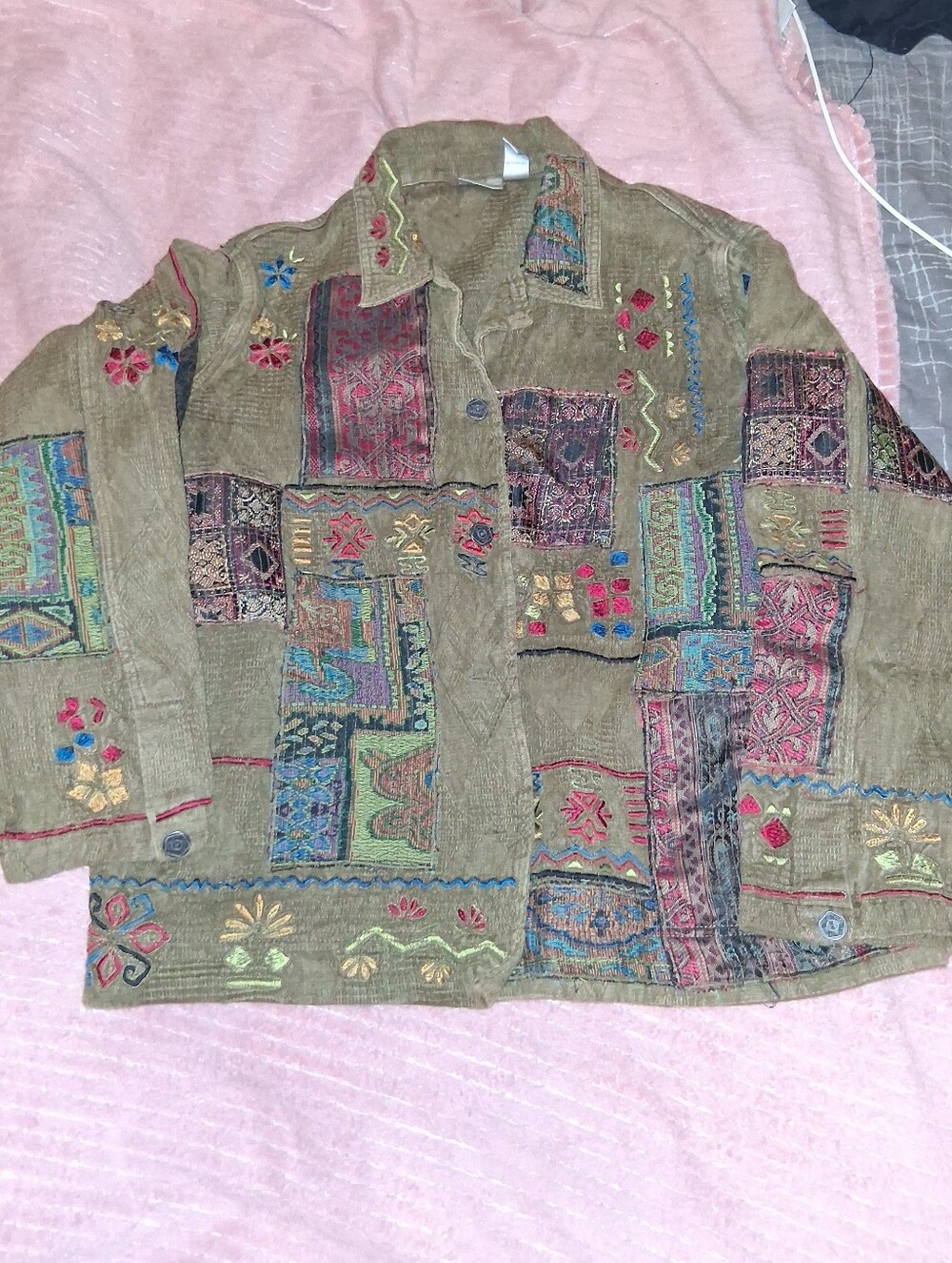 Chico's Olive Patchwork Embroidered Corduroy Jacket